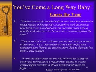 You’ve Come a Long Way Baby!Guess the Year“Women are eternally wounded-unfit to work more than one week a month because of their monthly crisis, unfit to work the previous week because she’s troubled about the oncoming crisis, unfit to work the week after the crisis because she is recuperating from the crisis.”								“Guys: a word of advice…whatever you do, don’t marry a woman with a career.  Why?...Recent studies have found professional women are more likely to get divorced, more likely to cheat and less likely to have children.”3.	“The only healthy woman was one who followed her biological destiny and procreated on a regular basis, learned to crochet, avoided higher education at all cost because it will make her frigid…….”Source:  Pink Magazine, Dec-Jan 200711