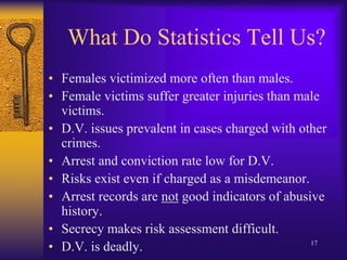 What Do Statistics Tell Us?Females victimized more often than males.Female victims suffer greater injuries than male victims.D.V. issues prevalent in cases charged with other crimes.Arrest and conviction rate low for D.V.Risks exist even if charged as a misdemeanor.Arrest records are not good indicators of abusive history.Secrecy makes risk assessment difficult.D.V. is deadly.17