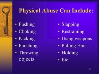 Abuse Motivated	Abuse MotivatedBy “ANGER”By“I’M IN CHARGE”Situational			Pattern of ControlEmotional			Uses Anger to Intimidate				and Create FearReactive			Deliberate/PurposefulOut of Control			Exerting ControlImpulsive			CalculatedTemper Impacts		Most Abusive ResponsesAll Areas of Life			Restricted to Intimate25