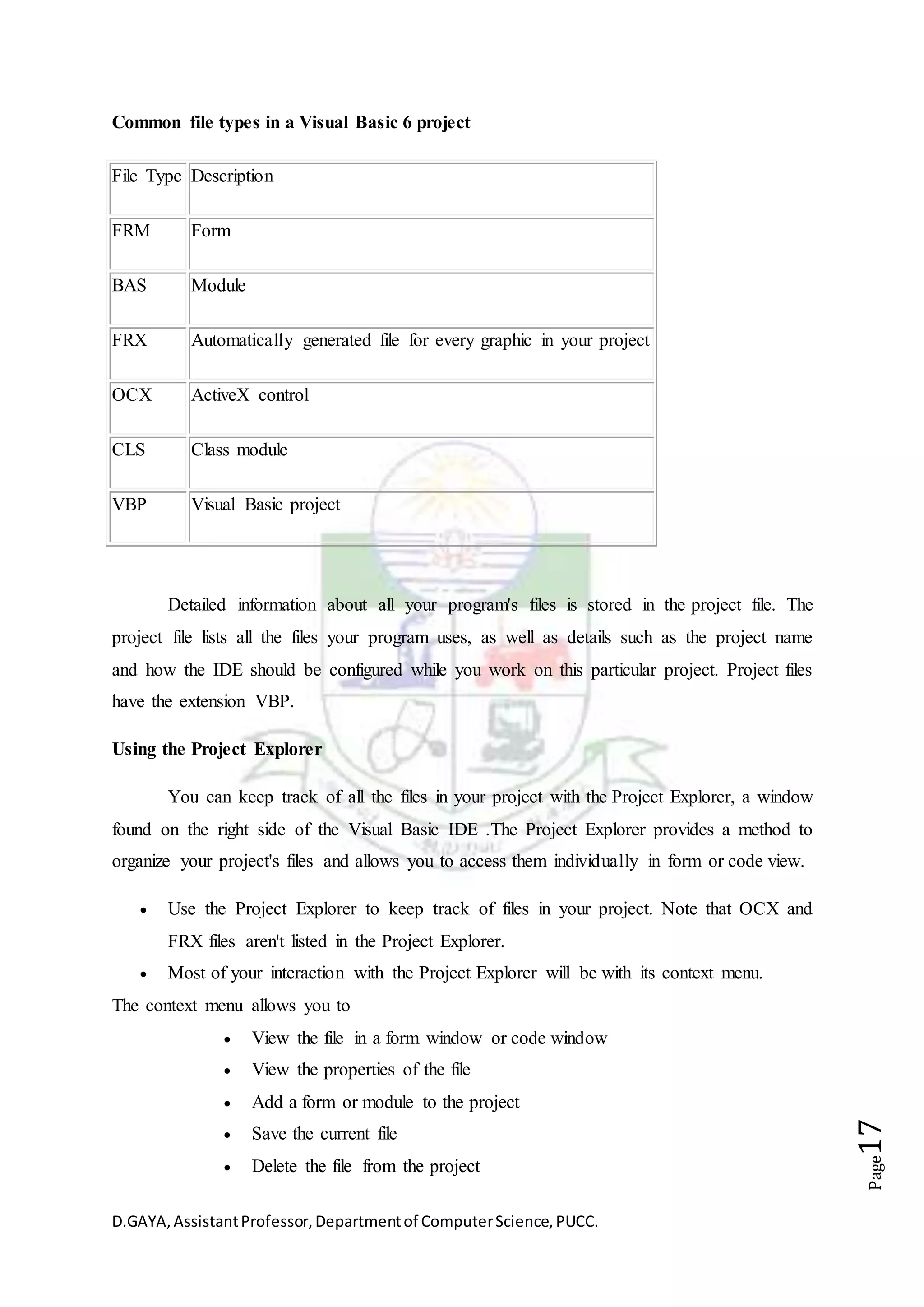 D.GAYA,AssistantProfessor,Departmentof ComputerScience,PUCC.
Page17
Common file types in a Visual Basic 6 project
File Type Description
FRM Form
BAS Module
FRX Automatically generated file for every graphic in your project
OCX ActiveX control
CLS Class module
VBP Visual Basic project
Detailed information about all your program's files is stored in the project file. The
project file lists all the files your program uses, as well as details such as the project name
and how the IDE should be configured while you work on this particular project. Project files
have the extension VBP.
Using the Project Explorer
You can keep track of all the files in your project with the Project Explorer, a window
found on the right side of the Visual Basic IDE .The Project Explorer provides a method to
organize your project's files and allows you to access them individually in form or code view.
 Use the Project Explorer to keep track of files in your project. Note that OCX and
FRX files aren't listed in the Project Explorer.
 Most of your interaction with the Project Explorer will be with its context menu.
The context menu allows you to
 View the file in a form window or code window
 View the properties of the file
 Add a form or module to the project
 Save the current file
 Delete the file from the project
 