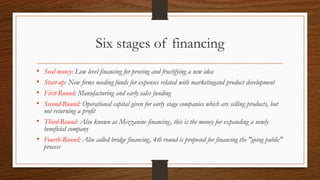 Six stages of financing
• Seed money: Low level financing for proving and fructifying a new idea
• Start-up: New firms needing funds for expenses related with marketingand product development
• First-Round: Manufacturing and early sales funding
• Second-Round: Operational capital given for early stage companies which are selling products, but
not returning a profit
• Third-Round: Also known as Mezzanine financing, this is the money for expanding a newly
beneficial company
• Fourth-Round: Also called bridge financing, 4th round is proposed for financing the "going public"
process
 
