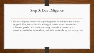 Step 3: Due Diligence
• The due diligence phase varies depending upon the nature of the business
proposal. This process involves solving of queries related to customer
references, product and business strategy evaluations, management
interviews, and other such exchanges of information during this time period.
 