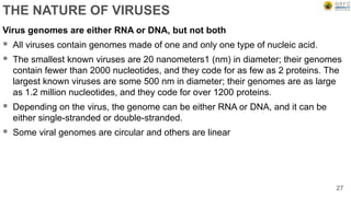 THE NATURE OF VIRUSES
Virus genomes are either RNA or DNA, but not both
 All viruses contain genomes made of one and only one type of nucleic acid.
 The smallest known viruses are 20 nanometers1 (nm) in diameter; their genomes
contain fewer than 2000 nucleotides, and they code for as few as 2 proteins. The
largest known viruses are some 500 nm in diameter; their genomes are as large
as 1.2 million nucleotides, and they code for over 1200 proteins.
 Depending on the virus, the genome can be either RNA or DNA, and it can be
either single-stranded or double-stranded.
 Some viral genomes are circular and others are linear
27
 