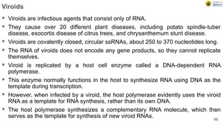 Viroids
 Viroids are infectious agents that consist only of RNA.
 They cause over 20 different plant diseases, including potato spindle-tuber
disease, exocortis disease of citrus trees, and chrysanthemum stunt disease.
 Viroids are covalently closed, circular ssRNAs, about 250 to 370 nucleotides long.
 The RNA of viroids does not encode any gene products, so they cannot replicate
themselves.
 Viroid is replicated by a host cell enzyme called a DNA-dependent RNA
polymerase.
 This enzyme normally functions in the host to synthesize RNA using DNA as the
template during transcription.
 However, when infected by a viroid, the host polymerase evidently uses the viroid
RNA as a template for RNA synthesis, rather than its own DNA.
 The host polymerase synthesizes a complementary RNA molecule, which then
serves as the template for synthesis of new viroid RNAs.
46
 