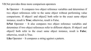 VB.Net provides three more comparison operators
Is Operator − It compares two object reference variables and determines if
two object references refer to the same object without performing value
comparisons. If object1 and object2 both refer to the exact same object
instance, result is True; otherwise, result is False.
IsNot Operator − It also compares two object reference variables and
determines if two object references refer to different objects. If object1 and
object2 both refer to the exact same object instance, result is False;
otherwise, result is True.
Like Operator − It compares a string against a pattern.
 