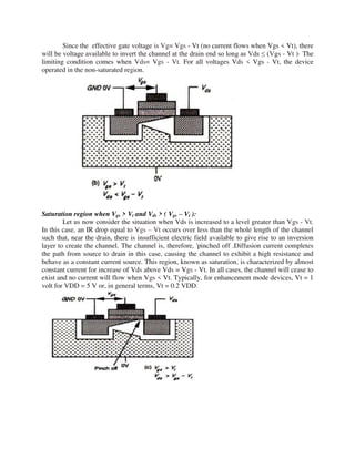 Since the effective gate voltage is Vg= Vgs - Vt (no current flows when Vgs < Vt), there
will be voltage available to invert the channel at the drain end so long as Vds ≤ (Vgs - Vt )· The
limiting condition comes when Vds= Vgs - Vt. For all voltages Vds < Vgs - Vt, the device
operated in the non-saturated region.
Saturation region when Vgs > Vt and Vds > ( Vgs – Vt ):
Let us now consider the situation when Vds is increased to a level greater than Vgs - Vt.
In this case, an IR drop equal to Vgs – Vt occurs over less than the whole length of the channel
such that, near the drain, there is insufficient electric field available to give rise to an inversion
layer to create the channel. The channel is, therefore, 'pinched off .Diffusion current completes
the path from source to drain in this case, causing the channel to exhibit a high resistance and
behave as a constant current source. This region, known as saturation, is characterized by almost
constant current for increase of Vds above Vds = Vgs - Vt. In all cases, the channel will cease to
exist and no current will flow when Vgs < Vt. Typically, for enhancement mode devices, Vt = 1
volt for VDD = 5 V or, in general terms, Vt = 0.2 VDD.
 