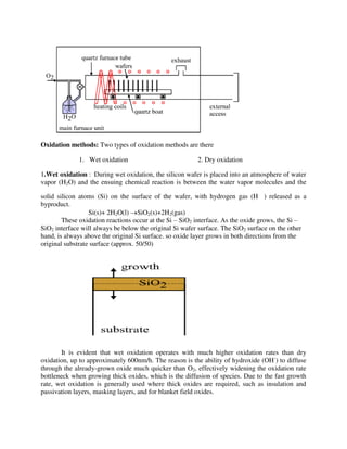 Oxidation methods: Two types of oxidation methods are there
1. Wet oxidation 2. Dry oxidation
1.Wet oxidation : During wet oxidation, the silicon wafer is placed into an atmosphere of water
vapor (H2O) and the ensuing chemical reaction is between the water vapor molecules and the
solid silicon atoms (Si) on the surface of the wafer, with hydrogen gas (H ) released as a
byproduct.
Si(s)+ 2H2O(l) SiO2(s)+2H2(gas)
These oxidation reactions occur at the Si – SiO2 interface. As the oxide grows, the Si –
SiO2 interface will always be below the original Si wafer surface. The SiO2 surface on the other
hand, is always above the original Si surface. so oxide layer grows in both directions from the
original substrate surface (approx. 50/50)
It is evident that wet oxidation operates with much higher oxidation rates than dry
oxidation, up to approximately 600nm/h. The reason is the ability of hydroxide (OH-
) to diffuse
through the already-grown oxide much quicker than O2, effectively widening the oxidation rate
bottleneck when growing thick oxides, which is the diffusion of species. Due to the fast growth
rate, wet oxidation is generally used where thick oxides are required, such as insulation and
passivation layers, masking layers, and for blanket field oxides.
 