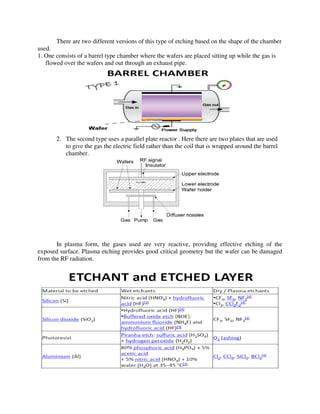 There are two different versions of this type of etching based on the shape of the chamber
used.
1. One consists of a barrel type chamber where the wafers are placed sitting up while the gas is
flowed over the wafers and out through an exhaust pipe.
2. The second type uses a parallel plate reactor . Here there are two plates that are used
to give the gas the electric field rather than the coil that is wrapped around the barrel
chamber.
In plasma form, the gases used are very reactive, providing effective etching of the
exposed surface. Plasma etching provides good critical geometry but the wafer can be damaged
from the RF radiation.
 