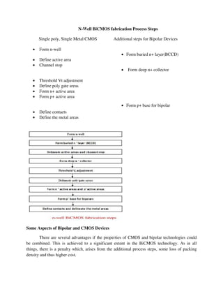 N-Well BiCMOS fabrication Process Steps
Single poly, Single Metal CMOS Additional steps for Bipolar Devices
 Form n-well
 Define active area
 Channel stop
 Threshold Vt adjustment
 Define poly gate areas
 Form n+ active area
 Form p+ active area
 Define contacts
 Define the metal areas
 Form buried n+ layer(BCCD)
 Form deep n+ collector
 Form p+ base for bipolar
Some Aspects of Bipolar and CMOS Devices
There are several advantages if the properties of CMOS and bipolar technologies could
be combined. This is achieved to a significant extent in the BiCMOS technology. As in all
things, there is a penalty which, arises from the additional process steps, some loss of packing
density and thus higher cost.
 