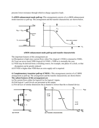 presents lower resistance through which to charge capacitive loads .
3. nMOS enhancement mode pull-up :This arrangement consists of a n-MOS enhancement
mode transistor as pull-up. The arrangement and the transfer characteristic are shown below.
nMOS enhancement mode pull-up and transfer characteristic
The important features of this arrangement are
(a) Dissipation is high since current flows when Vin =logical 1 (VGG is returned to VDD) .
(b) Vout can never reach VDD (logical I) if VGG = VDD as is normally the case.
(c) VGG may be derived from a switching source, for example, one phase of a clock, so that
dissipation can be greatly reduced.
(d) If VGG is higher than VDD then an extra supply rail is required.
4. Complementary transistor pull-up (CMOS) : This arrangement consists of a C-MOS
arrangement as pull-up. The arrangement and the transfer characteristic are shown below
The salient features of this arrangement are
(a) No current flows either for logical 0 or for logical 1 inputs.
(b) Full logical 1 and 0 levels are presented at the output.
(c) For devices of similar dimensions the p-channel is slower than the n-channel device.
 
