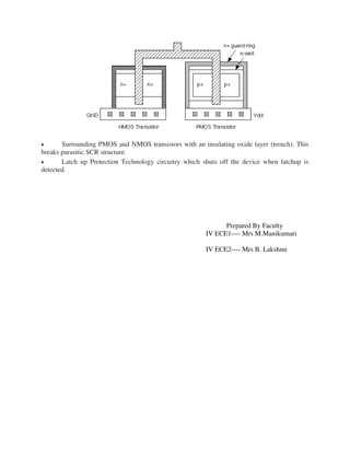  Surrounding PMOS and NMOS transistors with an insulating oxide layer (trench). This
breaks parasitic SCR structure.
 Latch up Protection Technology circuitry which shuts off the device when latchup is
detected.
Prepared By Faculty
IV ECE1---- Mrs M.Manikumari
IV ECE2---- Mrs B. Lakshmi
 