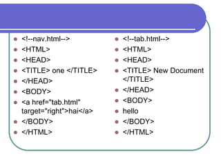  <!--nav.html-->           <!--tab.html-->
 <HTML>                    <HTML>
 <HEAD>                    <HEAD>
 <TITLE> one </TITLE>      <TITLE> New Document
 </HEAD>                    </TITLE>
 <BODY>                    </HEAD>

 <a href="tab.html"        <BODY>
  target="right">hai</a>    hello
 </BODY>                   </BODY>
 </HTML>                   </HTML>
 