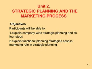 Unit 2.
  STRATEGIC PLANNING AND THE
     MARKETING PROCESS
 Objectives
Participants will be able to:
1.explain company wide strategic planning and its
four steps
2.explain functional planning strategies assess
marketing role in strategic planning




                                                    1
 