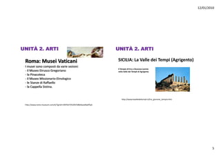 12/01/2010




UNITÀ 2. ARTI                                                      UNITÀ 2. ARTI

 Roma:MuseiVaticani
 Roma: Musei Vaticani                                                                       p ( g g      )
                                                                   SICILIA:LaValledeiTempi(Agrigento)
 Imuseisonocompostidavariesezioni:
                                                                   IlTempiodiEraoGiunoneLacinia
 ‐ ilMuseoEtruscoGregoriano                                     nellaValledeiTemplidiAgrigento
 ‐ laPinacoteca
 ‐ il M
   ilMuseoMissionario‐Etnologico
            Mi i        i Et l i
 ‐ leStanzediRaffaello
 ‐ laCappellaSistina.


                                                                      http://www.lavalledeitempli.it/Era_giunone_tempio.htm

 http://www.rome‐museum.com/it/?gclid=CNH5tt7VhZ4CFdBb4wodXwRTqA




                                                                                                                                      5
 