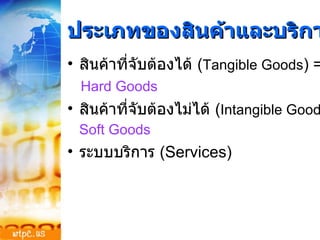 ประเภทของสินค้าและบริการ สินค้าที่จับต้องได้  ( Tangible Goods ) = Hard Goods สินค้าที่จับต้องไม่ได้  ( Intangible Goods ) =  Soft Goods ระบบบริการ  ( Services) 