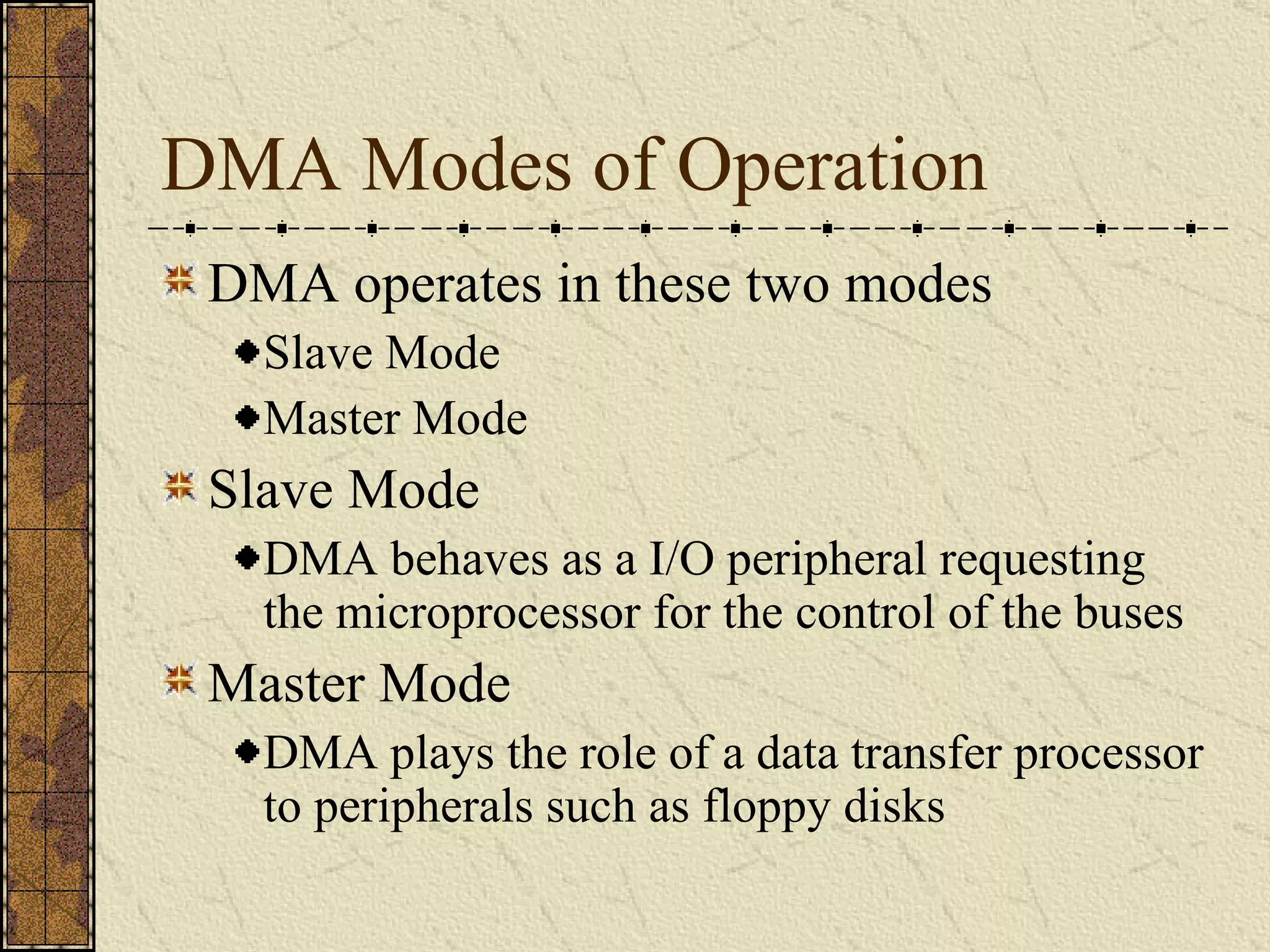 DMA Modes of Operation DMA operates in these two modes Slave Mode Master Mode Slave Mode DMA behaves as a I/O peripheral requesting the microprocessor for the control of the buses Master Mode DMA plays the role of a data transfer processor to peripherals such as floppy disks 