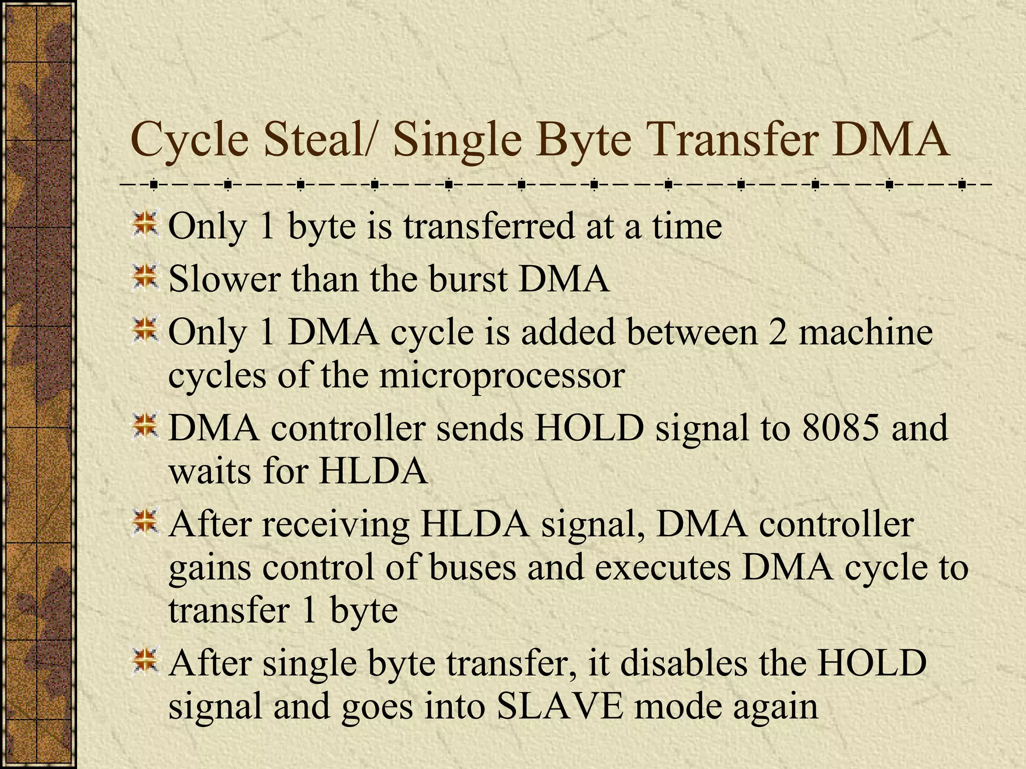 Cycle Steal/ Single Byte Transfer DMA Only 1 byte is transferred at a time Slower than the burst DMA Only 1 DMA cycle is added between 2 machine cycles of the microprocessor DMA controller sends HOLD signal to 8085 and waits for HLDA After receiving HLDA signal, DMA controller gains control of buses and executes DMA cycle to transfer 1 byte After single byte transfer, it disables the HOLD signal and goes into SLAVE mode again 