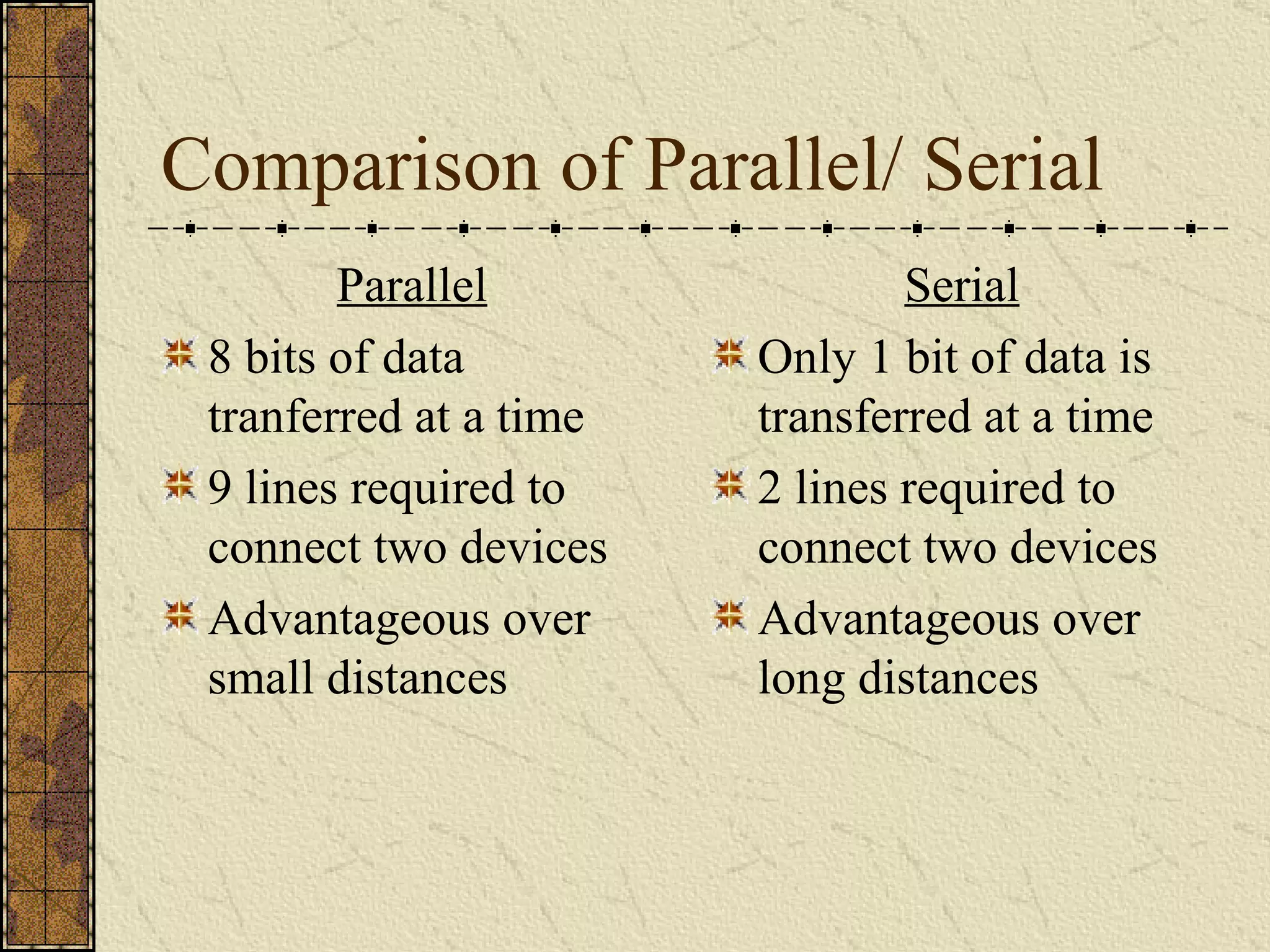 Comparison of Parallel/ Serial Parallel 8 bits of data tranferred at a time 9 lines required to connect two devices Advantageous over small distances Serial Only 1 bit of data is transferred at a time 2 lines required to connect two devices Advantageous over long distances 