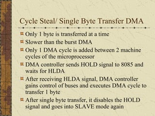 Cycle Steal/ Single Byte Transfer DMA Only 1 byte is transferred at a time Slower than the burst DMA Only 1 DMA cycle is added between 2 machine cycles of the microprocessor DMA controller sends HOLD signal to 8085 and waits for HLDA After receiving HLDA signal, DMA controller gains control of buses and executes DMA cycle to transfer 1 byte After single byte transfer, it disables the HOLD signal and goes into SLAVE mode again 
