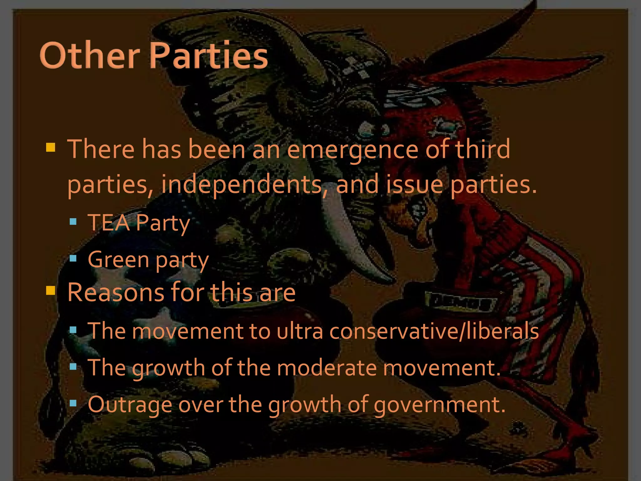 There has been an emergence of third parties, independents, and issue parties. TEA Party Green party Reasons for this are The movement to ultra conservative/liberals The growth of the moderate movement. Outrage over the growth of government. 