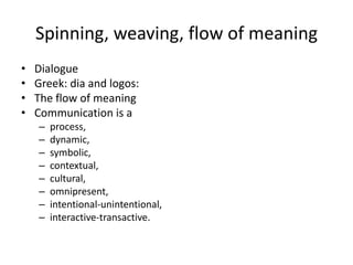 Spinning, weaving, flow of meaningDialogueGreek: dia and logos:The flow of meaningCommunication is a process, dynamic, symbolic, contextual, cultural, omnipresent, intentional-unintentional, interactive-transactive.