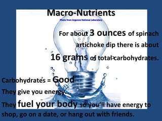 Macro-Nutrients Photo from Argonne National Laboratory For about  3 ounces  of spinach  artichoke dip there is about  16 grams  of total carbohydrates.  Carbohydrates =  Good  They give you energy.  They  fuel your body  so you’ll have energy to shop, go on a date, or hang out with friends. 