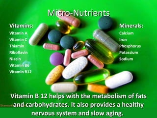 Micro-Nutrients Vitamins : Minerals : Vitamin A Calcium Vitamin C Iron Thiamin Phosphorus Riboflavin Potassium Niacin Sodium Vitamin B6 Vitamin B12 Vitamin B 12 helps with the metabolism of fats and carbohydrates. It also provides a healthy nervous system and slow aging. Photo from shannonkringen 