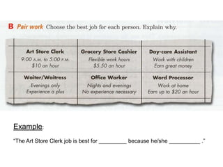 Example:“The Art Store Clerk job is best for _________ because he/she __________ .”
