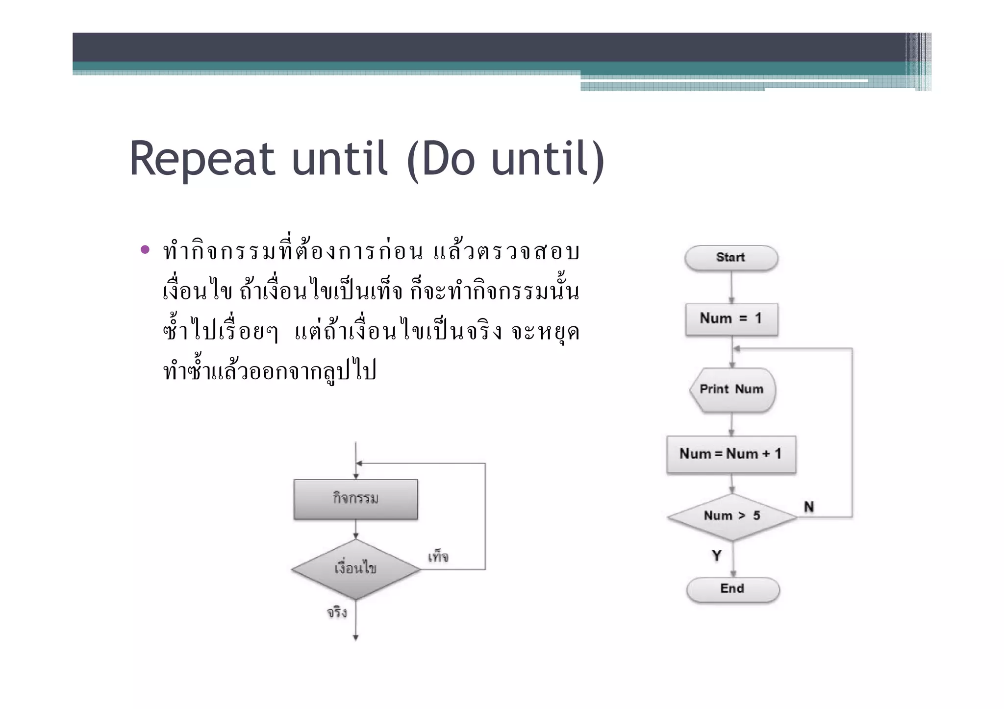 Repeat until (Do until)
• ทํา กิ จ กรรมที ต้อ งการก่ อ น แล้ว ตรวจสอบ
  เงือนไข ถ้าเงือนไขเป็ นเท็จ ก็จะทํากิจกรรมนัน
  ซําไปเรื อยๆ แต่ ถ ้า เงื อนไขเป็ นจริ ง จะหยุ ด
  ทําซําแล้วออกจากลูปไป
 