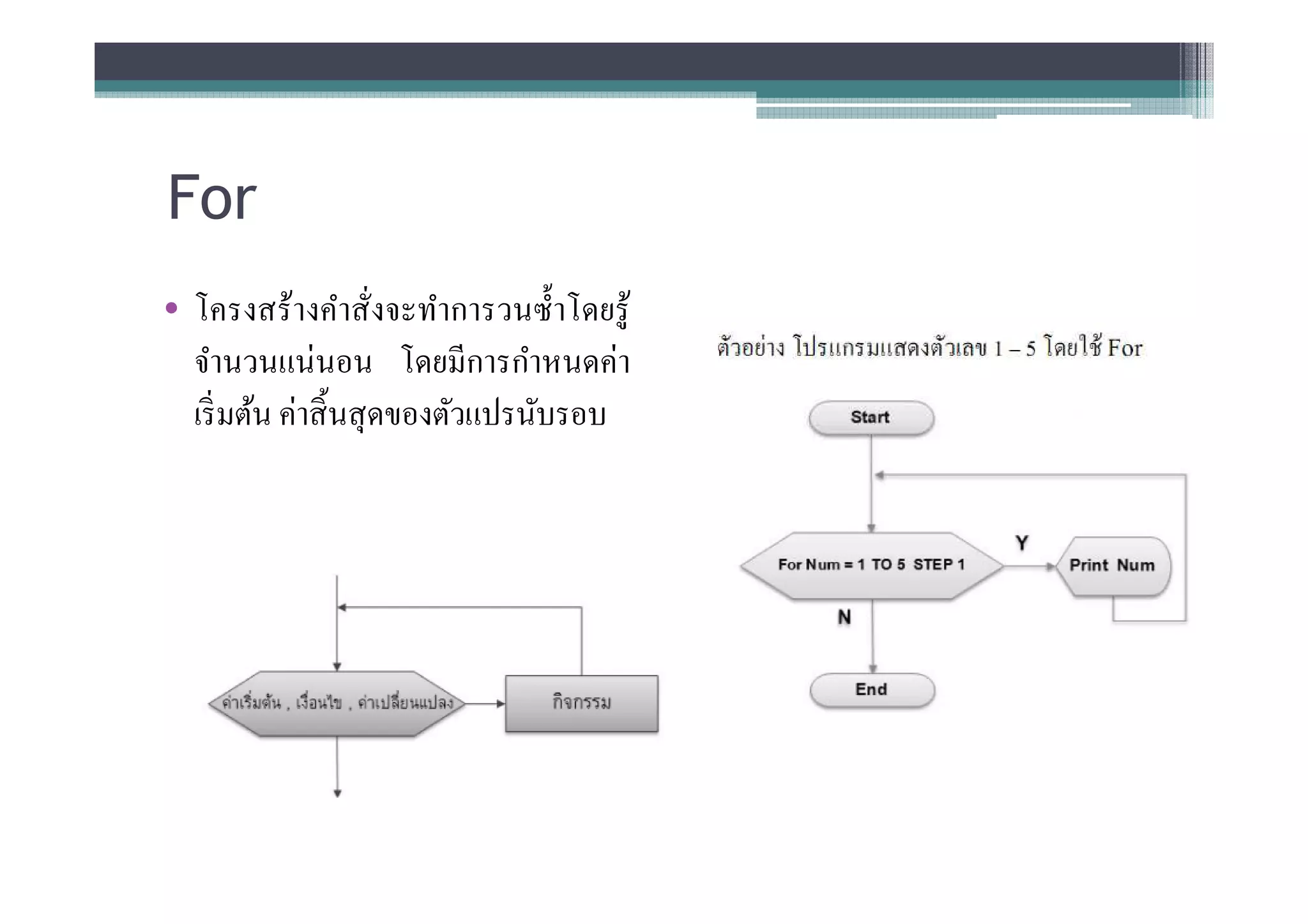 For
• โครงสร้างคําสังจะทําการวนซําโดยรู ้
  จํานวนแน่นอน โดยมีการกําหนดค่า
  เริ มต้น ค่าสิ นสุ ดของตัวแปรนับรอบ
 