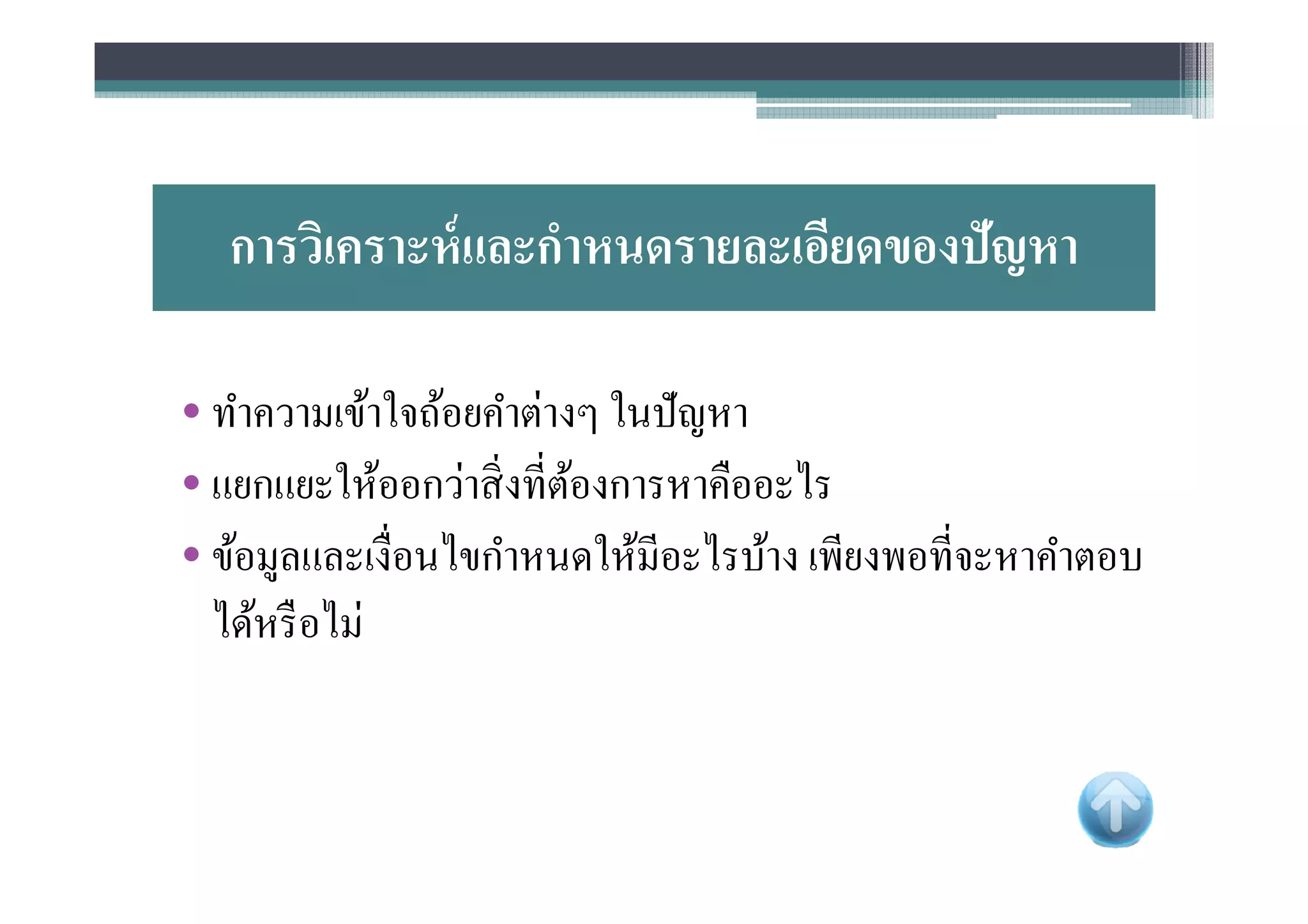 การวิเคราะห์ และกําหนดรายละเอียดของปัญหา

• ทําความเข้าใจถ้อยคําต่างๆ ในปั ญหา
• แยกแยะให้ออกว่าสิ งทีต้องการหาคืออะไร
• ข้อมูลและเงือนไขกําหนดให้มีอะไรบ้าง เพียงพอทีจะหาคําตอบ
  ได้หรื อไม่
 