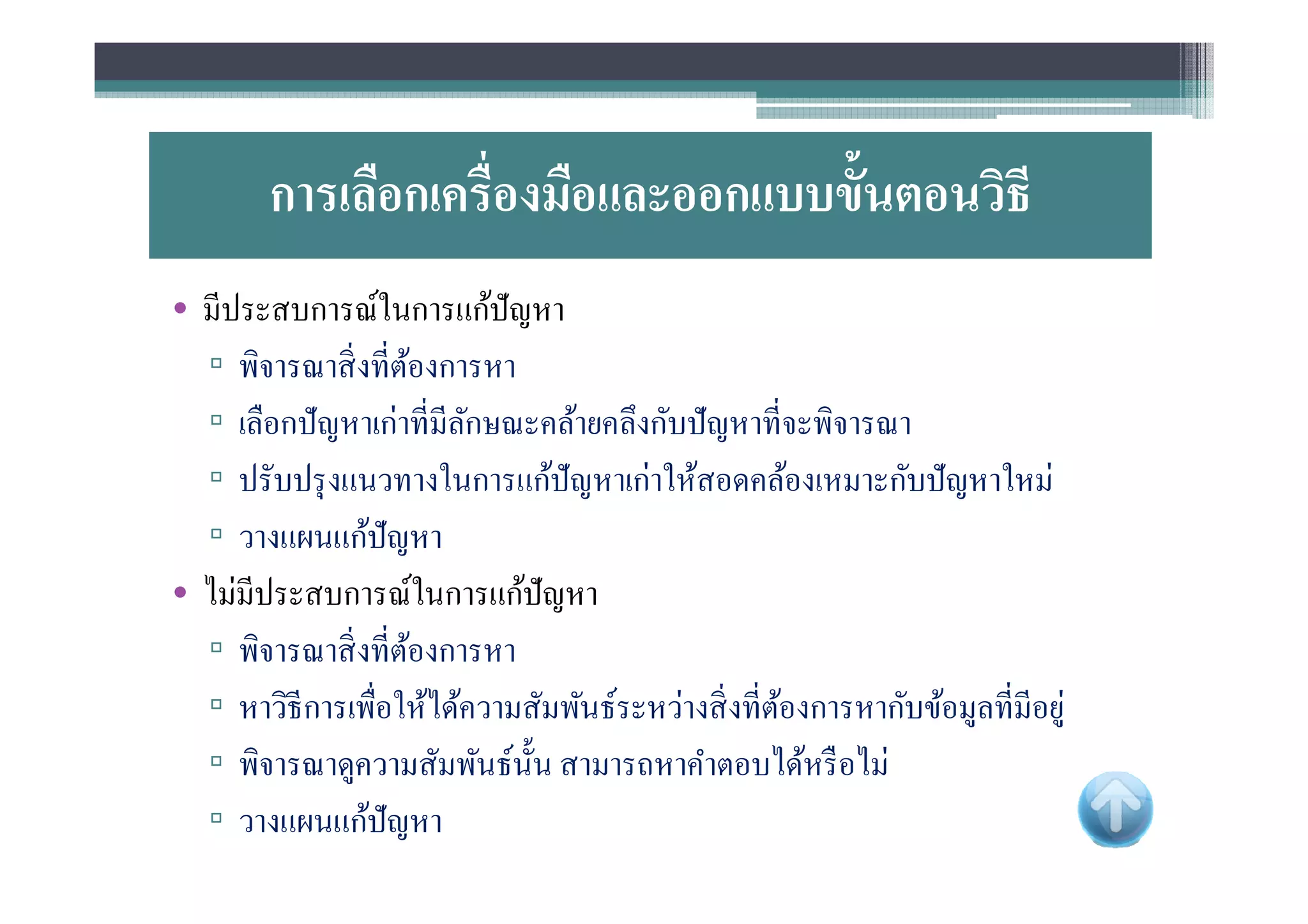 การเลือกเครืองมือและออกแบบขันตอนวิธี
• มีประสบการณ์ในการแก้ปัญหา
  ▫ พิจารณาสิ งทีต้องการหา
  ▫ เลือกปั ญหาเก่าทีมีลกษณะคล้ายคลึงกับปั ญหาทีจะพิจารณา
                        ั
  ▫ ปรับปรุ งแนวทางในการแก้ปัญหาเก่าให้สอดคล้องเหมาะกับปั ญหาใหม่
  ▫ วางแผนแก้ปัญหา
• ไม่มีประสบการณ์ในการแก้ปัญหา
  ▫ พิจารณาสิ งทีต้องการหา
  ▫ หาวิธีการเพือให้ได้ความสัมพันธ์ระหว่างสิ งทีต้องการหากับข้อมูลทีมีอยู่
  ▫ พิจารณาดูความสัมพันธ์นน สามารถหาคําตอบได้หรื อไม่
                            ั
  ▫ วางแผนแก้ปัญหา
 