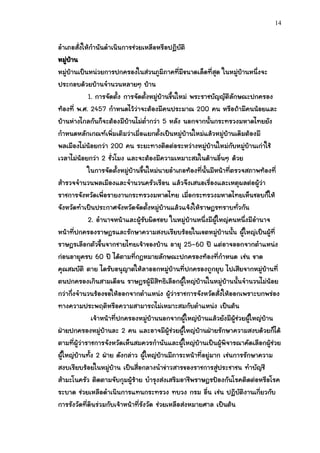 14


อาเภอสั่งให้กานันดาเนินการช่วยเหลือหรือปฏิบัติ
หมูบาน
    ่ ้
หมู่บ้านเป็นหน่วยการปกครองในส่วนภูมิภาคที่มีขนาดเล็ดที่สุด ในหมูบ้านหนึ่งจะ
                                                                      ่
ประกอบด้วยบ้านจานวนหลายๆ บ้าน
            1. การจัดตั้ง การจัดตั้งหมู่บ้านขึ้นใหม่ พระราชบัญญัติลักษณะปกครอง
ท้องที่ พ.ศ. 2457 กาหนดไว้ว่าจะต้องมีคนประมาณ 200 คน หรือถ้ามีคนน้อยและ
บ้านห่างไกลกันก็จะต้องมีบ้านไม่ต่ากว่า 5 หลัง นอกจากนั้นกระทรวงมหาดไทยยัง
กาหนดหลักเกณฑ์เพิ่มเติมว่าเมื่อแยกตั้งเป็นหมู่บ้านใหม่แล้วหมู่บ้านเดิมต้องมี
พลเมืองไม่น้อยกว่า 200 คน ระยะทางติดต่อระหว่างหมู่บ้านใหม่กับหมู่บ้านเก่าใช้
เวลาไม่น้อยกว่า 2 ชั่วโมง และจะต้องมีความเหมาะสมในด้านอื่นๆ ด้วย
            ในการจัดตั้งหมู่บ้านขึ้นใหม่นายอาเภอท้องที่นั้นมีหน้าที่ตรวจสภาพท้องที่
สารวจจานวนพลเมืองและจานวนครัวเรือน แล้วจึงเสนอเรื่องและเหตุผลต่อผู้ว่า
ราชการจังหวัดเพื่อรายงานกระทรวงมหาดไทย เมื่อกระทรวงมหาดไทยเห็นชอบก็ให้
จังหวัดทาเป็นประกาศจังหวัดจัดตั้งหมู่บ้านแล้วแจ้งให้ราษฎรทราบทั่วกัน
            2. อานาจหน้าและผู้รับผิดชอบ ในหมู่บ้านหนึ่งมีผู้ใหญ่คนหนึ่งมีอานาจ
หน้าที่ปกครองราษฎรและรักษาความสงบเรียบร้อยในเขตหมู่บ้านนั้น ผู้ใหญ่เป็นผู้ที่
ราษฎรเลือกตัวขึ้นจากชายไทยเจ้าของบ้าน อายุ 25-60 ปี แต่อาจออกจากตาแหน่ง
ก่อนอายุครบ 60 ปี ได้ตามที่กฎหมายลักษณะปกครองท้องที่กาหนด เช่น ขาด
คุณสมบัติ ตาย ไดรับอนุญาตให้ลาออกหมู่บ้านที่ปกครองถูกยุบ ไปเสียจากหมู่บ้านที่
ตนปกครองเกินสามเดือน ราษฎรผู้มีสิทธิเลือกผู้ใหญ่บ้านในหมู่บ้านนั้นจานวนไม่น้อย
กว่ากึ่งจานวนร้องขอให้ออกจากตาแหน่ง ผูว่าราชการจังหวัดสั่งให้ออกเพราะบกพร่อง
                                             ้
ทางความประพฤติหรือความสามารถไม่เหมาะสมกับตาแหน่ง เป็นต้น
              เจ้าหน้าที่ปกครองหมู่บ้านนอกจากผู้ใหญ่บ้านแล้วยังมีผู้ช่วยผู้ใหญ่บ้าน
ฝ่ายปกครองหมู่บ้านละ 2 คน และอาจมีผู้ช่วยผู้ใหญ่บ้านฝ่ายรักษาความสงบด้วยก็ได้
ตามทีผู้ว่าราชการจังหวัดเห็นสมควรกานันและผู้ใหญ่บ้านเป็นผู้พิจารณาคัดเลือกผู้ช่วย
        ่
ผู้ใหญ่บ้านทั้ง 2 ฝ่าย ดังกล่าว ผู้ใหญ่บ้านมีภาระหน้าที่อยู่มาก เช่นการรักษาความ
สงบเรียบร้อยในหมู่บ้าน เป็นสื่อกลางนาข่าวสารของราชการสู่ประชาชน ทาบัญชี
สามะโนครัว ติดตามจับกุมผู้ร้าย บารุงส่งเสริมอาชีพราษฎรป้องกันโรคติดต่อหรือโรค
ระบาด ช่วยเหลือดาเนินการแทนกระทรวง ทบวง กรม อื่น เช่น ปฏิบัติงานเกี่ยวกับ
การรังวัดที่ดินร่วมกับเจ้าหน้าที่รังวัด ช่วยเหลือส่งหมายศาล เป็นต้น
 
