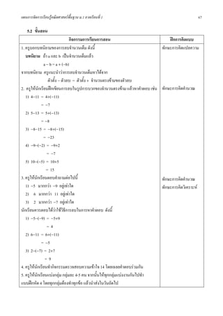 แผนการจัดการเรียนรูคณิตศาสตรพื้นฐาน ม.1 ภาคเรียนที่ 1                                              67

    5.2 ขั้นสอน
                                 กิจกรรมการเรียนการสอน                            ฝกการคิดแบบ
1. ครูบอกบทนิยามของการลบจํานวนเต็ม ดังนี้                                     ทักษะการคิดแปลความ
   บทนิยาม ถา a และ b เปนจํานวนเต็มแลว
               a − b = a + (−b)
จากบทนิยาม ครูแนะนําวาการลบจํานวนเต็มหาไดจาก
                  ตัวตั้ง − ตัวลบ = ตัวตั้ง + จํานวนตรงขามของตัวลบ
2. ครูใหนักเรียนฝกเขียนการลบในรูปการบวกของจํานวนตรงขาม แลวหาคําตอบ เชน   ทักษะการคิดคํานวณ
   1) 4−11 = 4+(−11)
             = −7
   2) 5−13 = 5+(−13)
             = −8
   3) −8−15 = −8+(−15)
               = −23
   4) −9−(−2) = −9+2
                 = −7
   5) 10−(−5) = 10+5
                 = 15
3. ครูใหนักเรียนตอบคําถามตอไปนี้                                            ทักษะการคิดคํานวณ
   1) −5 มากกวา −9 อยูเทาใด                                                ทักษะการคิดวิเคราะห
   2) 6 มากกวา 11 อยูเทาใด
   3) 2 มากกวา −7 อยูเทาใด
นักเรียนควรตอบไดวาใชวิธการลบในการหาคําตอบ ดังนี้
                               ี
   1) −5−(−9) = −5+9
                 =4
   2) 6−11 = 6+(−11)
             = −5
   3) 2−(−7) = 2+7
                =9
4. ครูใหนักเรียนทํากิจกรรมตรวจสอบความเขาใจ 14 โดยเฉลยคําตอบรวมกัน
5. ครูใหนักเรียนแบงกลุม กลุมละ 4-5 คน จากนั้นใหทกกลุมแบงงานกันไปทํา
                                                      ุ
แบบฝกหัด 4 โดยทุกกลุมตองทําทุกขอ แลวนําสงในวันถัดไป
 