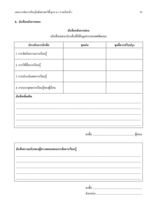 แผนการจัดการเรียนรูคณิตศาสตรพื้นฐาน ม.1 ภาคเรียนที่ 1                                                                                                                          70

8. บันทึกหลังการสอน

                                                              บันทึกหลังการสอน
                                                 (บันทึกเฉพาะประเด็นที่มีขอมูลสารสนเทศชัดเจน)
                                                                          

                  ประเด็นการบันทึก                                                           จุดเดน                                         จุดที่ควรปรับปรุง

1. การจัดกิจกรรมการเรียนรู

2. การใชสื่อการเรียนรู

3. การประเมินผลการเรียนรู

4. การบรรลุผลการเรียนรูของผูเรียน

บันทึกเพิ่มเติม
....................................................................................................................................................................................
....................................................................................................................................................................................
....................................................................................................................................................................................
....................................................................................................................................................................................
....................................................................................................................................................................................

                                                                                                    ลงชื่อ ............................................................ ผูสอน


บันทึกความเห็นของผูตรวจสอบแผนการจัดการเรียนรู
....................................................................................................................................................................................
....................................................................................................................................................................................
....................................................................................................................................................................................
....................................................................................................................................................................................
....................................................................................................................................................................................

                                                                                                    ลงชื่อ .......................................................................
                                                                                                    ตําแหนง ..................................................................
 