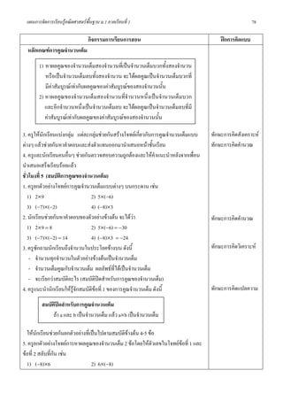 แผนการจัดการเรียนรูคณิตศาสตรพื้นฐาน ม.1 ภาคเรียนที่ 1                                               78

                                 กิจกรรมการเรียนการสอน                                  ฝกการคิดแบบ
  หลักเกณฑการคูณจํานวนเต็ม

       1) หาผลคูณของจํานวนเต็มสองจํานวนที่เปนจํานวนเต็มบวกทั้งสองจํานวน
          หรือเปนจํานวนเต็มลบทั้งสองจํานวน จะไดผลคูณเปนจํานวนเต็มบวกที่
          มีคาสัมบูรณเทากับผลคูณของคาสัมบูรณของสองจํานวนนั้น
       2) หาผลคูณของจํานวนเต็มสองจํานวนที่จํานวนหนึ่งเปนจํานวนเต็มบวก
          และอีกจํานวนหนึ่งเปนจํานวนเต็มลบ จะไดผลคูณเปนจํานวนเต็มลบที่มี
          คาสัมบูรณเทากับผลคูณของคาสัมบูรณของสองจํานวนนั้น

3. ครูใหนักเรียนแบงกลุม แตละกลุมชวยกันสรางโจทยเกียวกับการคูณจํานวนเต็มแบบ
                                                         ่                          ทักษะการคิดสังเคราะห
ตางๆ แลวชวยกันหาคําตอบและสงตัวแทนออกมานําเสนอหนาชั้นเรียน                      ทักษะการคิดคํานวณ
4. ครูและนักเรียนคนอื่นๆ ชวยกันตรวจสอบความถูกตองและใหคําแนะนําหลังจากเพื่อน
นําเสนอเสร็จเรียบรอยแลว
ชั่วโมงที่ 5 (สมบัติการคูณของจํานวนเต็ม)
1. ครูยกตัวอยางโจทยการคูณจํานวนเต็มแบบตางๆ บนกระดาน เชน
   1) 2×9                         2) 5×(−6)
   3) (−7)×(−2)                   4) (−8)×3
2. นักเรียนชวยกันหาคําตอบของตัวอยางขางตน จะไดวา                               ทักษะการคิดคํานวณ
   1) 2×9 = 8                     2) 5×(−6) = −30
   3) (−7)×(−2) = 14              4) (−8)×3 = −24
3. ครูซกถามนักเรียนถึงจํานวนในประโยคขางบน ดังนี้
       ั                                                                            ทักษะการคิดวิเคราะห
    - จํานวนทุกจํานวนในตัวอยางขางตนเปนจํานวนเต็ม
    - จํานวนเต็มคูณกับจํานวนเต็ม ผลลัพธที่ไดเปนจํานวนเต็ม
    - จะเรียกวาสมบัติอะไร (สมบัติปดสําหรับการคูณของจํานวนเต็ม)
4. ครูแนะนํานักเรียนใหรูจักสมบัติขอที่ 1 ของการคูณจํานวนเต็ม ดังนี้              ทักษะการคิดแปลความ

        สมบัติปดสําหรับการคูณจํานวนเต็ม
                
             ถา a และ b เปนจํานวนเต็ม แลว a×b เปนจํานวนเต็ม

  ใหนกเรียนชวยกันยกตัวอยางที่เปนไปตามสมบัตขางตน 4-5 ขอ
        ั                                     ิ
5. ครูยกตัวอยางโจทยการหาผลคูณของจํานวนเต็ม 2 ขอโดยใหตัวเลขในโจทยขอที่ 1 และ
ขอที่ 2 สลับที่กน เชน
                 ั
  1) (−8)×6                      2) 6×(−8)
 