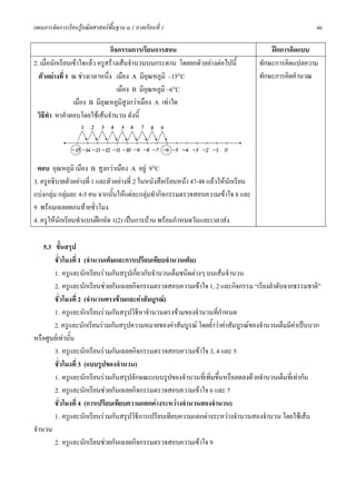 แผนการจัดการเรียนรูคณิตศาสตรพื้นฐาน ม.1 ภาคเรียนที่ 1                                                46

                                กิจกรรมการเรียนการสอน                                     ฝกการคิดแบบ
2. เมื่อนักเรียนเขาใจแลว ครูสรางเสนจํานวนบนกระดาน โดยยกตัวอยางตอไปนี้           ทักษะการคิดแปลความ
  ตัวอยางที่ 1 ณ ชวงเวลาหนึ่ง เมือง A มีอุณหภูมิ –15°C                              ทักษะการคิดคํานวณ
                                   เมือง B มีอุณหภูมิ –6°C
                 เมือง B มีอุณหภูมิสูงกวาเมือง A เทาใด
 วิธทํา หาคําตอบโดยใชเสนจํานวน ดังนี้
     ี




 ตอบ อุณหภูมิ เมือง B สูงกวาเมือง A อยู 9°C
3. ครูอธิบายตัวอยางที่ 1 และตัวอยางที่ 2 ในหนังสือเรียนหนา 47-48 แลวใหนักเรียน
แบงกลุม กลุมละ 4-5 คน จากนั้นใหแตละกลุมทํากิจกรรมตรวจสอบความเขาใจ 8 และ
9 พรอมเฉลยตอนทายชัวโมง ่
4. ครูใหนักเรียนทําแบบฝกหัด 1(2) เปนการบาน พรอมกําหนดวันและเวลาสง

    5.3 ขั้นสรุป
        ชั่วโมงที่ 1 (จํานวนเต็มและการเปรียบเทียบจํานวนเต็ม)
        1. ครูและนักเรียนรวมกันสรุปเกี่ยวกับจํานวนเต็มชนิดตางๆ บนเสนจํานวน
        2. ครูและนักเรียนชวยกันเฉลยกิจกรรมตรวจสอบความเขาใจ 1, 2 และกิจกรรม “เรียงลําดับจากธรรมชาติ”
        ชั่วโมงที่ 2 (จํานวนตรงขามและคาสัมบูรณ)
        1. ครูและนักเรียนรวมกันสรุปวิธีหาจํานวนตรงขามของจํานวนทีกําหนด
                                                                    ่
        2. ครูและนักเรียนรวมกันสรุปความหมายของคาสัมบูรณ โดยย้ําวาคาสัมบูรณของจํานวนเต็มมีคาเปนบวก
หรือศูนยเทานัน
               ้
        3. ครูและนักเรียนรวมกันเฉลยกิจกรรมตรวจสอบความเขาใจ 3, 4 และ 5
        ชั่วโมงที่ 3 (แบบรูปของจํานวน)
        1. ครูและนักเรียนรวมกันสรุปลักษณะแบบรูปของจํานวนที่เพิ่มขึ้นหรือลดลงดวยจํานวนเต็มทีเ่ ทากัน
        2. ครูและนักเรียนชวยกันเฉลยกิจกรรมตรวจสอบความเขาใจ 6 และ 7
        ชั่วโมงที่ 4 (การเปรียบเทียบความแตกตางระหวางจํานวนสองจํานวน)
        1. ครูและนักเรียนรวมกันสรุปวิธีการเปรียบเทียบความแตกตางระหวางจํานวนสองจํานวน โดยใชเสน
จํานวน
        2. ครูและนักเรียนชวยกันเฉลยกิจกรรมตรวจสอบความเขาใจ 9
 