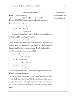 ก   ก      F            F       .3            1                                                      61



                                     กก       ก    ก                                                              กก
          F           ก          ก                                                                              ก ก         F
              2                           2                    2
(1) x – 16                       (2) 4x - 25            (3) x + 16                                              ก ก
                              F ก           ก          F ก            ก                F
                (1) x2 16 = x2 - 42
                                  = (x + 4)(x - 4)
                (2) 4x2 25 = (2x)2 - 52
                                  = (2x + 5)(2x - 5)
                          ก ก ก ก F (3) F ก                                    ก                ก
     F            F           ก F                FF      F
                (3) x2 + 16 = x2 + 0x + 16
  F                                       ก F 16           กก F       0(           ก            F           F
 ก                  F -4          -4 ก F 16 F กก F -8)                                         ก
 F                                 กF                                                      F
6.       F ก              ก        ก                 F
                (1) x2 - 25 = x2 - 52
                                 = (x + 5)(x - 5)
                (2) 4x2 16 = (2x)2 - 42
                                 = (2x + 4)(2x - 4)
                (3) x -36 = x2 - 62
                        2

                                = (x + 6)(x - 6)
7.        F ก                    ก 3 F 1 ก F                      ก                                     F
                 2(          ก ก            )
1.                   ก ก               ก                        F          ก
                      F        ก ก               F F ก      ก         ก
              F             ก         ก           ก     ก     F                ก                    ก
            2
           x + 16 F                 F       กF F ( F F                    กF
            )
 