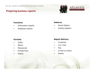 BUS 300 - BUSINESS COMMUNICATION AND PUBLIC SPEAKING


Preparing business reports



           Functions                                   Patterns
                Informative reports                        Direct Pattern
                Analytical reports                         Indirect pattern




           Formats                                     Report Delivery
                Letter                                     In person
                Memo                                       U.S. mail
                Manuscript                                 Fax
                Printed form                               E-mail or online
                Digital                                    Online
 