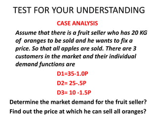TEST FOR YOUR UNDERSTANDING
                  CASE ANALYSIS
  Assume that there is a fruit seller who has 20 KG
  of oranges to be sold and he wants to fix a
  price. So that all apples are sold. There are 3
  customers in the market and their individual
  demand functions are
                  D1=35-1.0P
                  D2= 25-.5P
                  D3= 10 -1.5P
Determine the market demand for the fruit seller?
Find out the price at which he can sell all oranges?
 