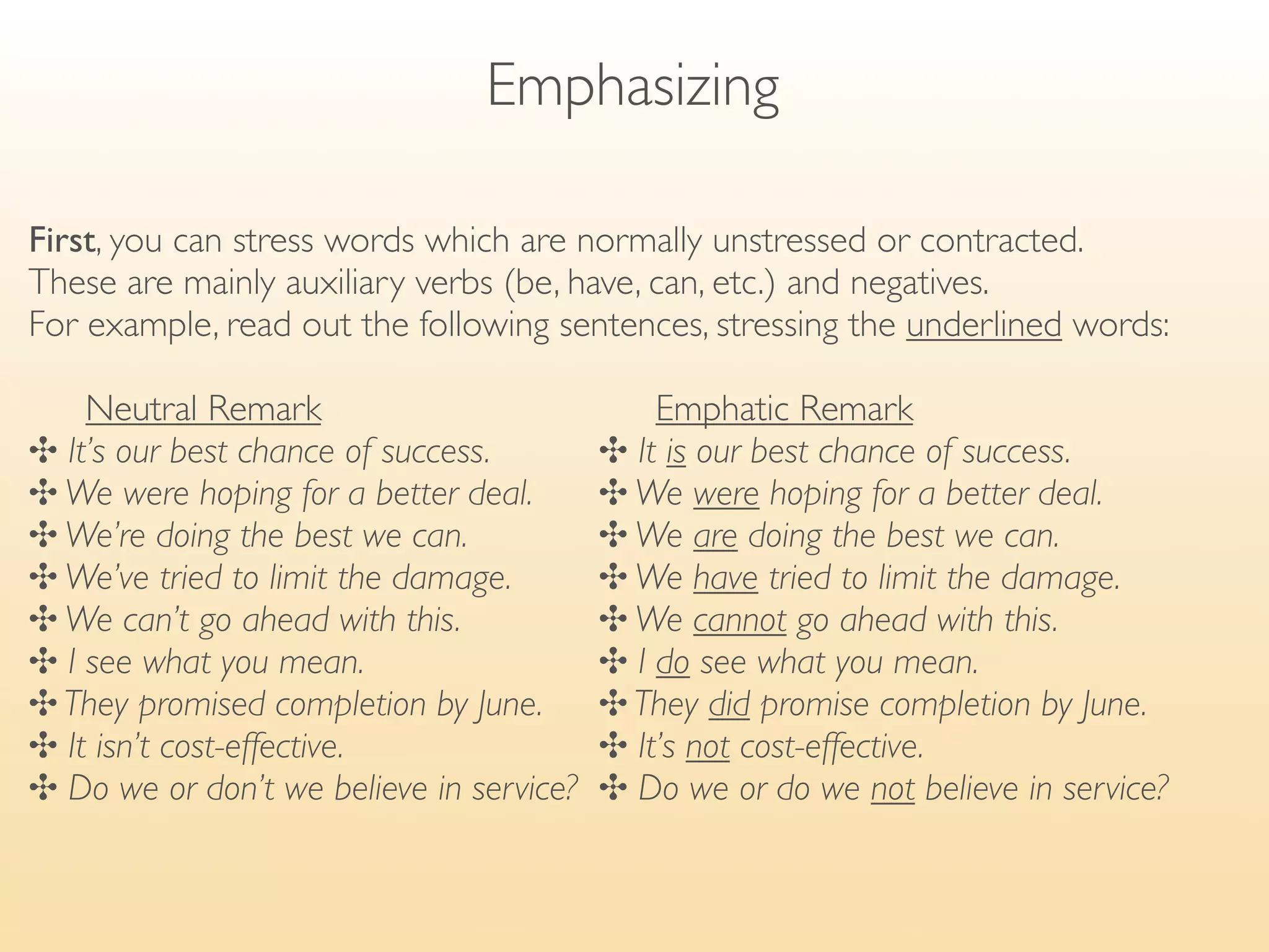 Introduction of your talk

Introducing your topic
In most formal presentations it is recommended to introduce your topic before
starting talking about it.

✣ As you can see on the screen, our topic today is ... / today’s topic is ...
✣ The topic/subject of my presentation/talk is ...
✣ What I’d like to present to you today is ...

 	

     	

 	

      talk about ...
 	

     	

 	

      say a few words about ...
✣ I’m going to	

     brief you on ...
✣ I plan to	

 	

    inform you about ...
✣ I’d like to	

	

   give you an overview of ...
 	

     	

 	

      present the recent ...
 	

     	

 	

      explain our position on ...
 
