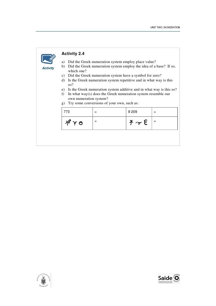 Mathematics for Primary School Teachers. Unit 2: Numeration