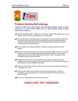 BASIC THERMODYNAMICS                                                                       J2006/2/16




              ! Tips
   Problem Solving Methodology
   There are several correct and effective steps to problem solving. There are many
   variations as to what various authors give for their problem solving strategy.
   Some of these steps are:

      Read the ENTIRE problem carefully and all the way through before starting work on the
       problem. Make sure that you understand what is being asked.

      List the data based on the figures given in the question. This will include both explicit and
       implicit data items. Note that not all of the explicitly given data are always necessarily
       involved in the problem solution. Be wary of introducing implicit conditions that may be
       unnecessary for the problem solution.

      Draw a diagram of the physical situation. The type of drawing will depend upon the
       problem.

      Determine the physical principles involved in the particular problem. What are the pertinent
       equations and how can they be used to determine either the solution or intermediate
       results that can be further used to determine the solution. Often one equation will be
       insufficient to solve a particular problem.

      Simplify the equations as much as possible through algebraic manipulation before
       plugging numbers into the equations. The fewer times numbers are entered into equations,
       the less likely numerical mistakes will be made.

      Check the units on the quantities involved. Make sure that all of the given quantities are in
       a consistent set of units.

      Insert the given data into the equations and perform the calculations. In doing the
       calculations, also manipulate the units. In doing the calculations, follow the rules for
       significant figures.

      Is the result reasonable and are the final units correct?



                    GOOD LUCK, TRY YOUR BEST.
 