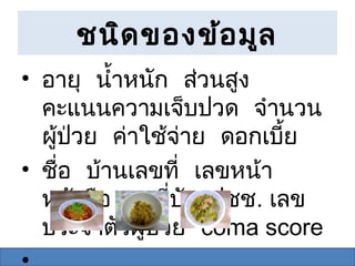 ชนิด ของข้อ มูล
• อายุ นำ้าหนัก ส่วนสูง
  คะแนนความเจ็บปวด จำานวน
  ผู้ป่วย ค่าใช้จ่าย ดอกเบีย
                           ้
• ชื่อ บ้านเลขที่ เลขหน้า
  หนังสือ เลขที่บัตรปชช. เลข
  ประจำาตัวผู้ปวย coma score
               ่
 