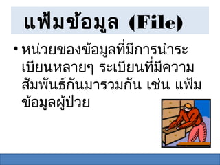แฟ้ม ข้อ มูล (File)
• หน่วยของข้อมูลที่มการนำาระ
                    ี
  เบียนหลายๆ ระเบียนที่มความ
                         ี
  สัมพันธ์กันมารวมกัน เช่น แฟ้ม
  ข้อมูลผู้ป่วย
 