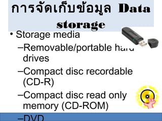 การจัด เก็บ ข้อ มูล Data
        storage
• Storage media
  –Removable/portable hard
   drives
  –Compact disc recordable
   (CD-R)
  –Compact disc read only
   memory (CD-ROM)
 