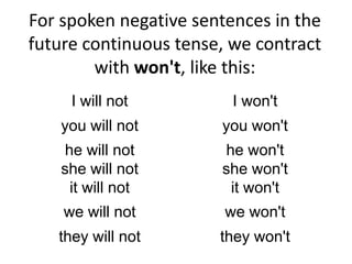 For spoken negative sentences in the
future continuous tense, we contract
        with won't, like this:
     I will not          I won't
    you will not       you won't
     he will not       he won't
    she will not       she won't
      it will not       it won't
    we will not         we won't
   they will not       they won't
 