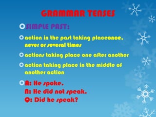 GRAMMAR TENSES
SIMPLE PAST:
action in the past taking placeonce,
never or several times
actions taking place one after another
action taking place in the middle of
another action
A: He spoke.
N: He did not speak.
Q: Did he speak?
 