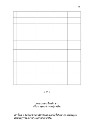 
เฉลยแบบฝึกทักษะ
เรื่อง พุทธศาสนสุภาษิต
คำาชี้แจง ให้นักเรียนบันทึกประสบการณ์ที่เกิดจากการนำาพุทธ
ศาสนสุภาษิตไปใช้ในการดำาเนินชีวิต
75
 