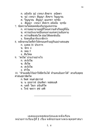 ก. อนิจจัง รูป เวทนำ สังขำร อนัตตำ
ข. รูป เวทนำ สัญญำ สังขำร วิญญำณ
ค. วิญญำณ สัญญำ อุเบกขำ ทุกขัง
ง. สัญญำ เวทนำ สังขำร อนิจจัง ทุกขัง
7. ข้อควำมใดสอดคล้องกับกฎแห่งกรรม
ก. ควำมพยำยำมอยู่ที่ไหนควำมสำำเร็จอยู่ที่นั่น
ข. ควำมประมำทเป็นหนทำงแห่งควำมฉิบหำย
ค. หว่ำนพืชเช่นใด ย่อมได้ผลเช่นนั้น
ง. รักคนที่เขำรักเรำดีกว่ำ
8. หลักธรรมใดที่ทำำให้ครอบครัวอยู่กันอย่ำงสงบสุข
ก. มงคล 38 ประกำร
ข. จักร 4
ค. พละ 5
ง. สันโดษ
9. “ ”สงฺโฆ อ่ำนว่ำอย่ำงไร
ก. สะงังโฆ
ข. สังโฆ
ค. สะงังโฆ
ง. สำำโฆ
10. “ห้ำมเพลิงไว้อย่ำให้มีควันได้ ”ห้ำมคนนินทำได้ ตรงกับพุทธ
ศำสนสุภำษิตใด
ก. จิตฺตำ ทนฺตำ สุขำวหำ
ข. น อุจฺจำวจำ ปณฺฑิตำ ทสฺสยนฺติ
ค. นตฺถิ โลเก อนินฺทิโต
ง. โกธำ ฆตฺวำ สุขำ เสติ
เฉลยแบบทดสอบก่อนและหลังเรียน
หน่วยกำรเรียนรู้ที่ 2 เรื่อง หลักธรรมทำงพระพุทธศำสนำ
1. ง
94
 